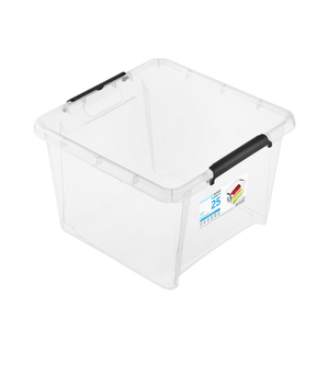 Doorzichtige plastic doos met zwarte handvatten, sticker „SMARTSTORE PRO 25“ met afmetingen en barcode.