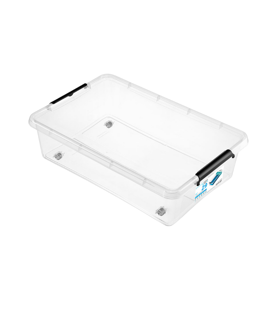 De Orplast SimpleStore Box BEDROLLER (58x39x16 cm, 29 l) is een doorzichtige, BPA-vrije rechthoekige opbergdoos met zwarte handvatten en een etiket aan de zijkant – perfect om onder je bed op te bergen. Afgebeeld op een witte achtergrond.