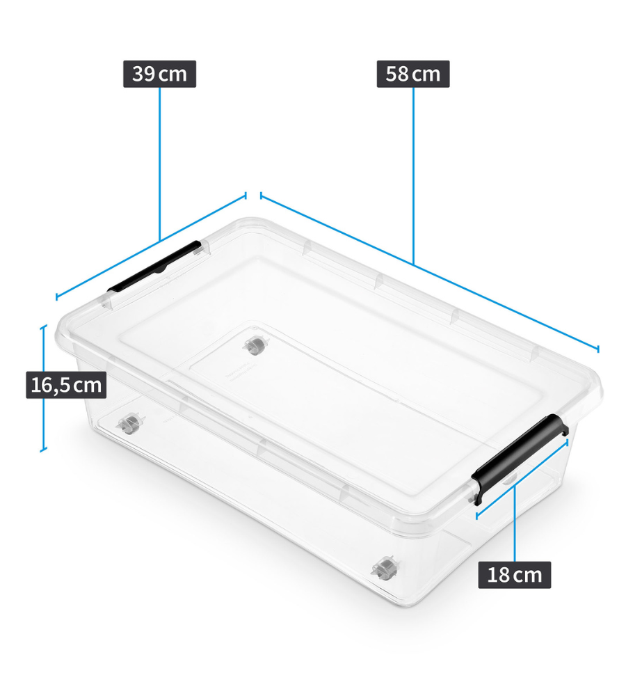 De Orplast SimpleStore Box BEDROLLER (58x39x16 cm, 29 l) is een doorzichtige, rechthoekige opbergbox met zwarte handvatten, BPA-vrij – ideaal om onder je bed te bewaren.