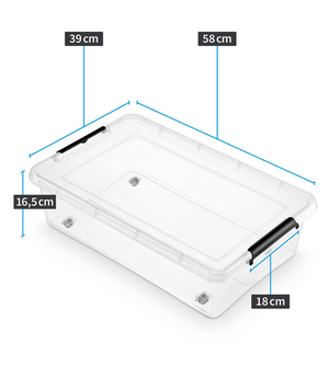 De Orplast SimpleStore Box BEDROLLER (58x39x16 cm, 29 l) is een doorzichtige, rechthoekige opbergbox met zwarte handvatten, BPA-vrij – ideaal om onder je bed te bewaren.