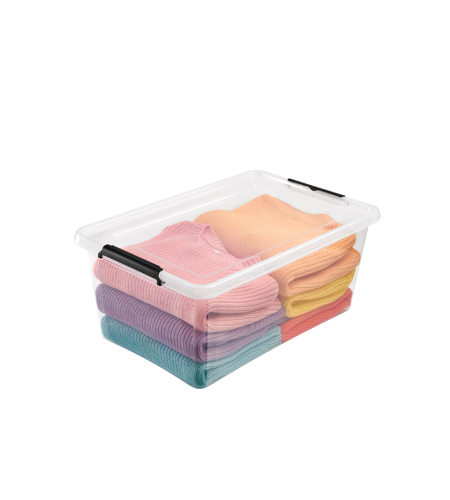 De Orplast SimpleStore Box WHEEL - 58x39x25 cm (40 l) is een doorzichtige, BPA-vrije opbergbox met een zwarte sluiting, ideaal om pastelkleurige kleding netjes in op te bergen. Door het stapelbare ontwerp zijn deze boxen perfect voor een georganiseerde opbergruimte.