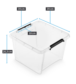 De Orplast SimpleStore Box STACK&NEST (39x39x26 cm, 25 l) is BPA-vrij, stapelbaar en heeft zwarte handvatten (18 cm). Transparant ontwerp voor handige opslag.
