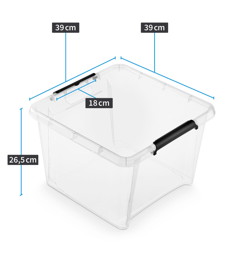 De Orplast SimpleStore Box STACK&NEST (39x39x26 cm, 25 l) is BPA-vrij, stapelbaar en heeft zwarte handvatten (18 cm). Transparant ontwerp voor handige opslag.