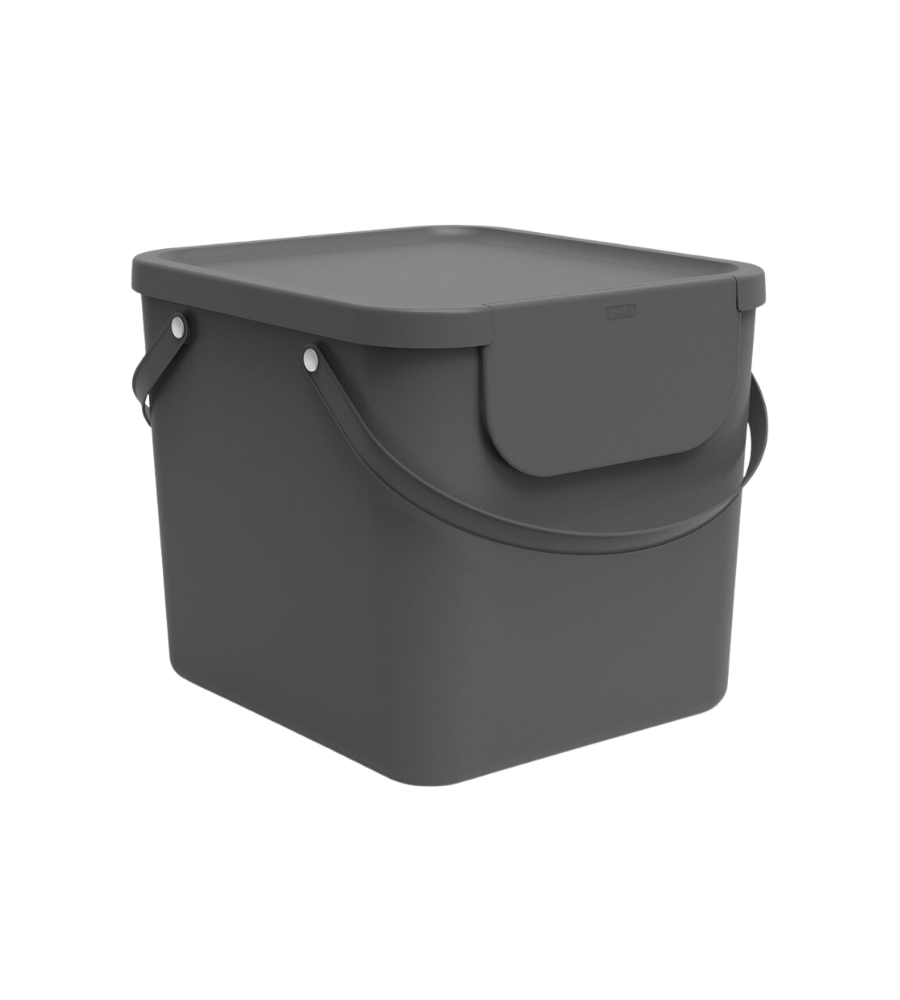 Het Rotho ALBULA Recycling-afvalsysteem 40 l in antraciet is een donkergrijze, rechthoekige kunststof bak met deksel en handgrepen – ideaal voor recyclingsystemen of als stapelbare bak voor afvalscheiding.