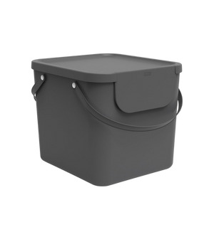 Het Rotho ALBULA Recycling-afvalsysteem 40 l in antraciet is een donkergrijze, rechthoekige kunststof bak met deksel en handgrepen – ideaal voor recyclingsystemen of als stapelbare bak voor afvalscheiding.