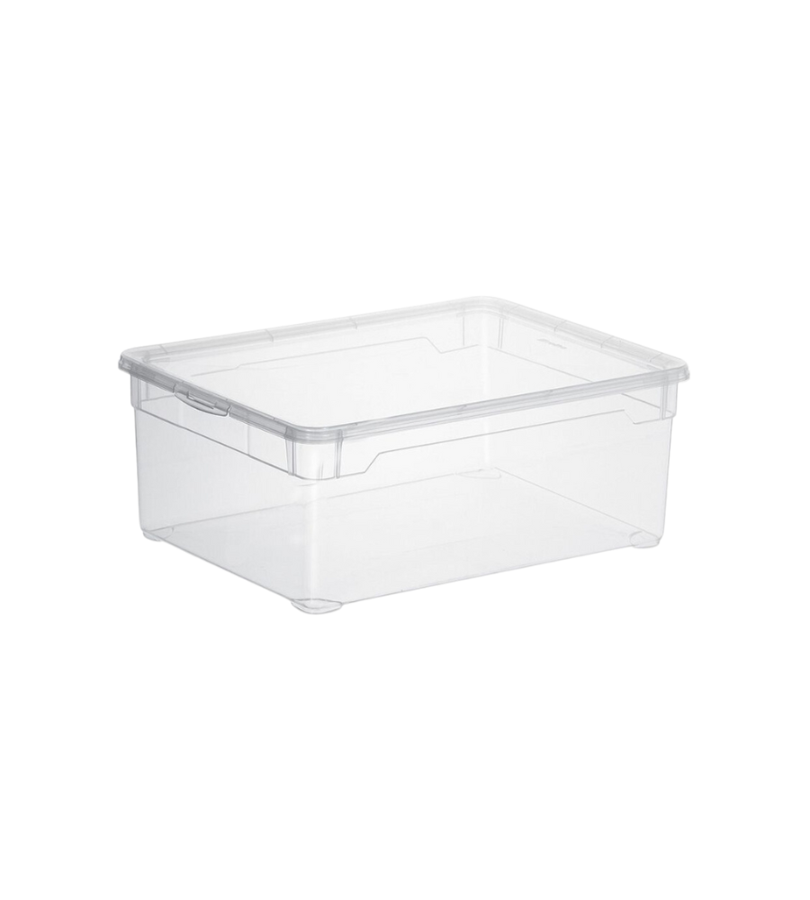 De Rotho opbergbox CLEAR 10L (36x26x14 cm) met bijpassend deksel is doorzichtig en stapelbaar – ideaal voor een nette, overzichtelijke opbergruimte. Gepresenteerd tegen een witte achtergrond.