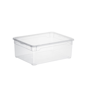 De Rotho opbergbox CLEAR 10L (36x26x14 cm) met bijpassend deksel is doorzichtig en stapelbaar – ideaal voor een nette, overzichtelijke opbergruimte. Gepresenteerd tegen een witte achtergrond.