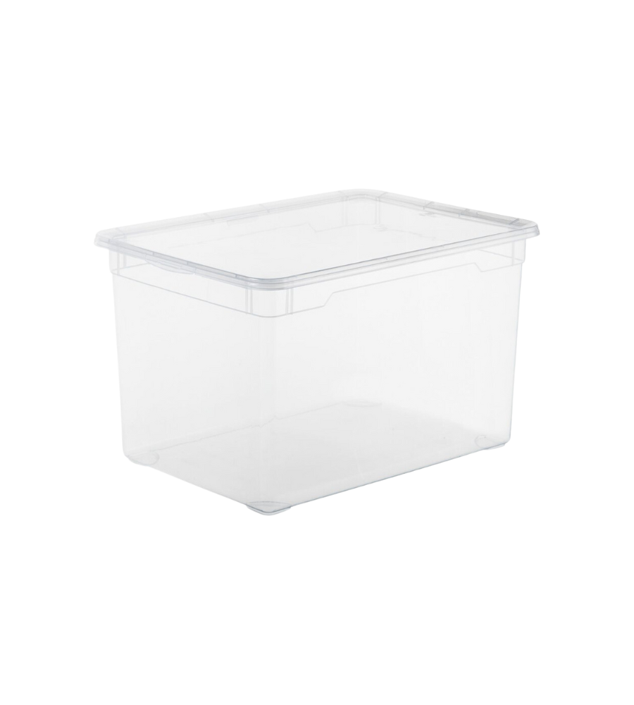 De Rotho opbergbox CLEAR 46L (55x37,5x32 cm) is een doorzichtige, rechthoekige opbergbox met bijpassend deksel, afgebeeld op een witte achtergrond.