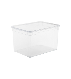 De Rotho opbergbox CLEAR 46L (55x37,5x32 cm) is een doorzichtige, rechthoekige opbergbox met bijpassend deksel, afgebeeld op een witte achtergrond.