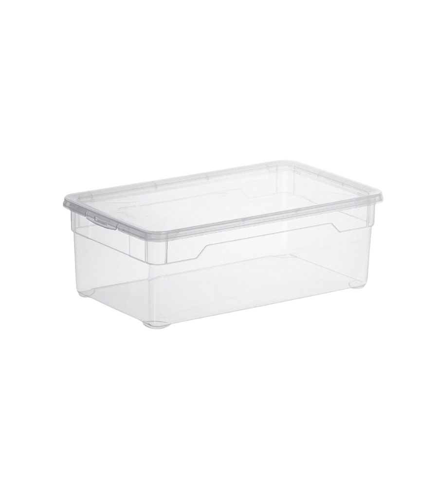 De Rotho opbergdoos CLEAR 5L (33,5 x 19 x 11 cm) van doorzichtig kunststof met deksel is leeg gefotografeerd tegen een witte achtergrond en biedt dankzij het doorzichtige materiaal een snel overzicht van de inhoud.