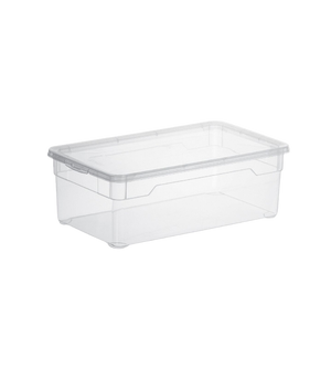 De Rotho opbergdoos CLEAR 5L (33,5 x 19 x 11 cm) van doorzichtig kunststof met deksel is leeg gefotografeerd tegen een witte achtergrond en biedt dankzij het doorzichtige materiaal een snel overzicht van de inhoud.