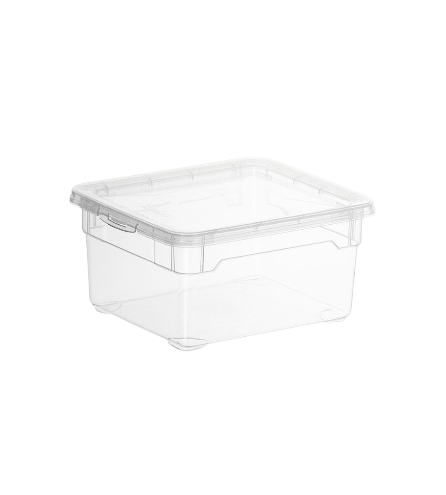 De stapelbare opbergdoos CLEAR 2L van Rotho (19x16,5x9 cm) van doorzichtig kunststof met bijpassend deksel, gladde zijkanten en afgeronde hoeken is leeg en rechthoekig te zien op een witte achtergrond.