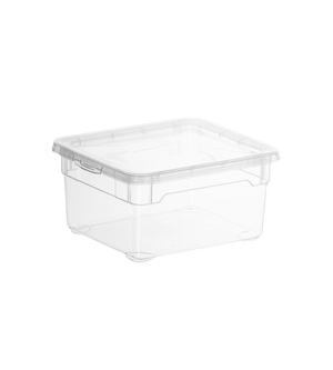 De stapelbare opbergdoos CLEAR 2L van Rotho (19x16,5x9 cm) van doorzichtig kunststof met bijpassend deksel, gladde zijkanten en afgeronde hoeken is leeg en rechthoekig te zien op een witte achtergrond.