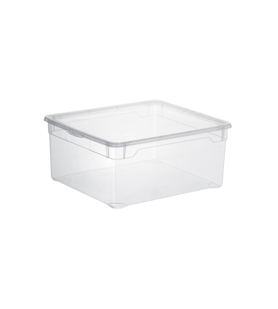 Doorzichtige plastic doos, leeg, staand in een neutrale ruimte op een glad oppervlak.