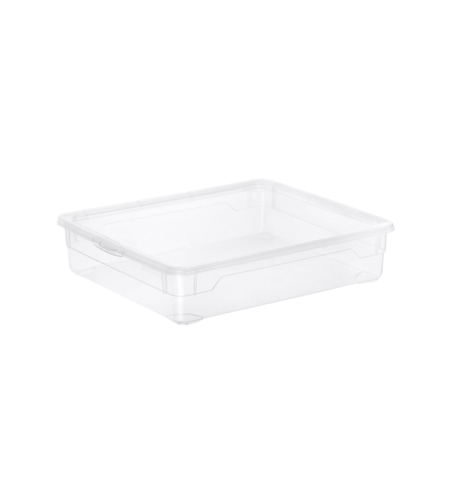 De Rotho opbergbox CLEAR 9L (40x33,5x8,5 cm) is afgebeeld tegen een eenvoudige witte achtergrond. Deze doorzichtige, rechthoekige kunststof opbergbox heeft licht opstaande randen, geen deksel en is ideaal als stapelbare box voor een overzichtelijke opbergruimte.