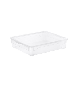 De Rotho opbergbox CLEAR 9L (40x33,5x8,5 cm) is afgebeeld tegen een eenvoudige witte achtergrond. Deze doorzichtige, rechthoekige kunststof opbergbox heeft licht opstaande randen, geen deksel en is ideaal als stapelbare box voor een overzichtelijke opbergruimte.