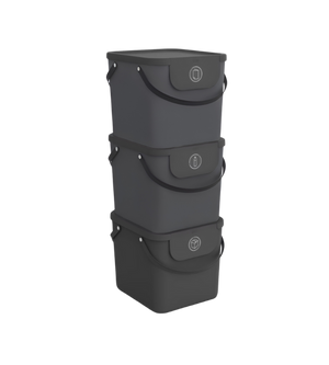 De Rotho 3-delige set – ALBULA recyclingafvalsysteem 40 l in antraciet bestaat uit stapelbare bakken met zwarte handgrepen en ronde symbolen op de deksels, die tegen een eenvoudige witte achtergrond boven elkaar zijn geplaatst.