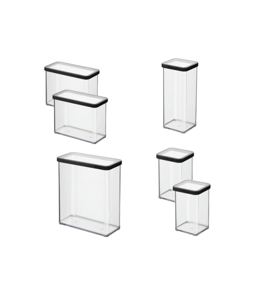 Een set van zes heldere, rechthoekige Rotho-voorraadbussen LOFT in zwart met zwarte deksels, die variëren in grootte en vorm – drie brede, drie hoge en smalle – zijn op een witte achtergrond gerangschikt, ideaal voor het praktisch ordenen van je voorraad.