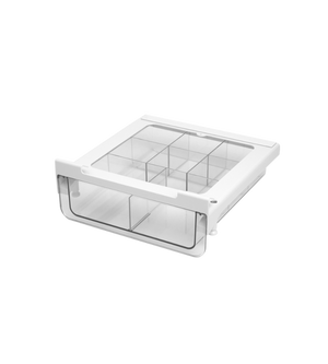 De onderkastlade KLAR van BNB x VCN met flexibele inleg is een doorzichtige opbergoplossing met een wit frame en meerdere vakken – ideaal als ruimtebesparende organizer voor in de keukenkast. Gepresenteerd op een witte achtergrond.