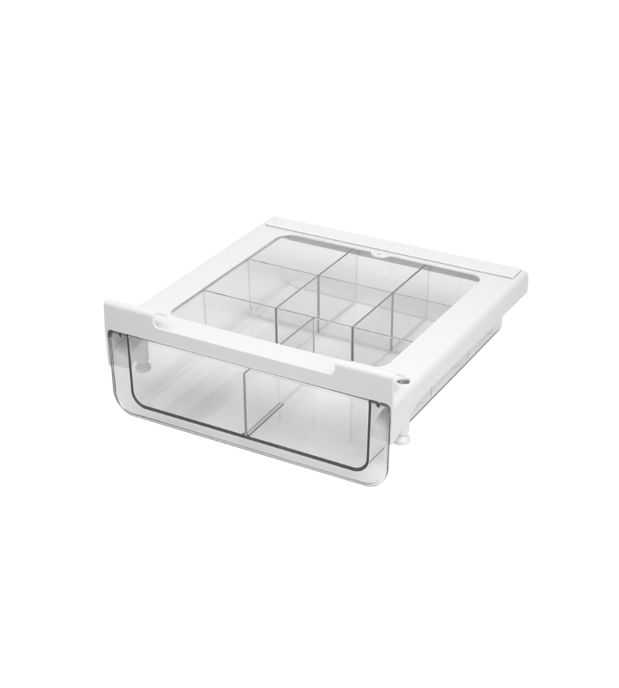 De onderkastlade KLAR van BNB x VCN met flexibele inleg is een doorzichtige opbergoplossing met een wit frame en meerdere vakken – ideaal als ruimtebesparende organizer voor in de keukenkast. Gepresenteerd op een witte achtergrond.