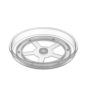 De BNB x VCN draaischotel Lazy Susan TRANSPARANT (23,5 x 3,7 cm) is een doorzichtige, ronde draaischotel van magnetronbestendig glas met gladde randen en een centrale as, die 360° kan draaien en op een eenvoudige witte achtergrond staat.