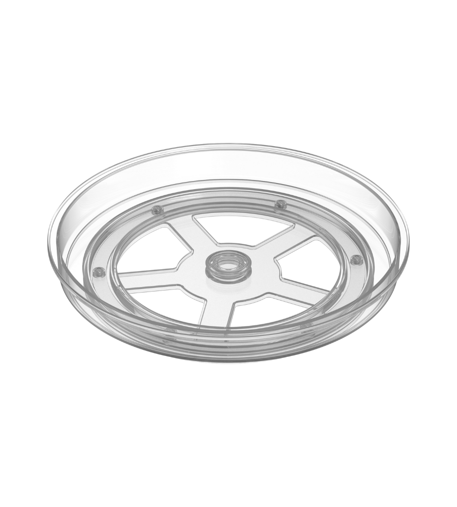 De BNB x VCN draaischotel Lazy Susan TRANSPARANT (23,5 x 3,7 cm) is een doorzichtige, ronde draaischotel van magnetronbestendig glas met gladde randen en een centrale as, die 360° kan draaien en op een eenvoudige witte achtergrond staat.