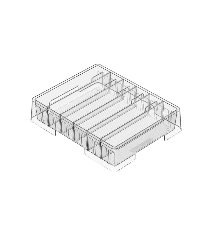 De BNB x VCN Dekselorganizer DOORZICHTIG – met flexibele vakken is een doorzichtige, rechthoekige organizer met verstelbare vakverdelingen en opstaande randen, perfect voor het organiseren van je keuken en het sorteren van kleine spullen. Afgebeeld op een witte achtergrond.