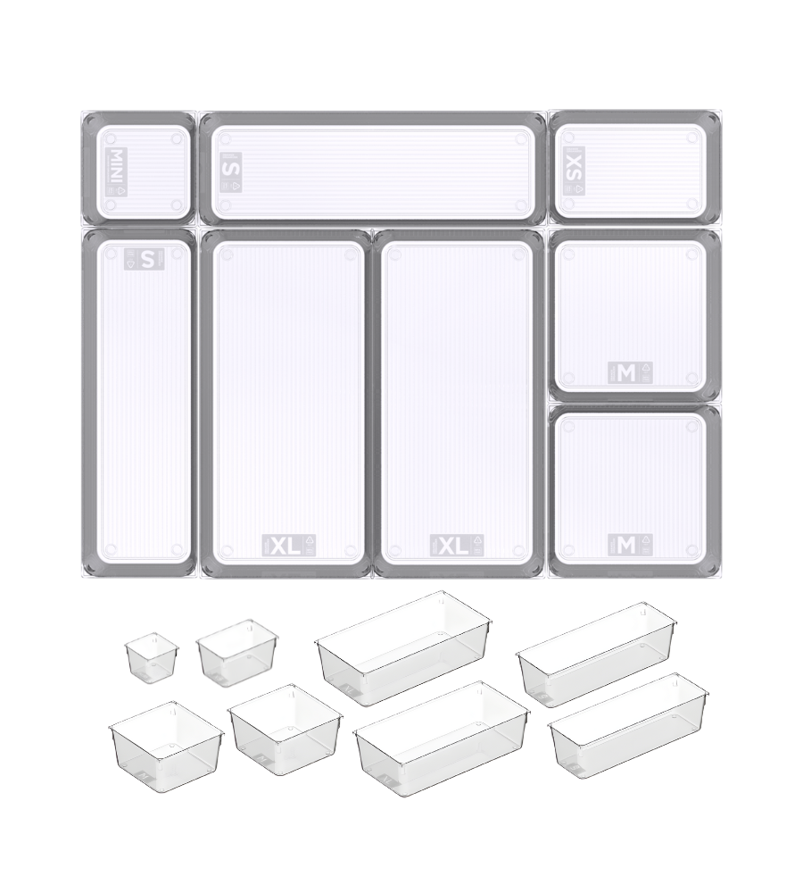 Containers in verschillende maten, met opschrift aan de buitenkant: MINI, XS, S, M, XL, transparant naast elkaar geplaatst.