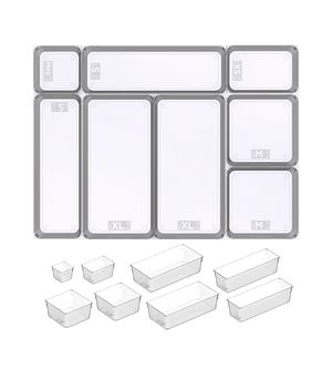 Containers in verschillende maten, met opschrift aan de buitenkant: MINI, XS, S, M, XL, transparant naast elkaar geplaatst.