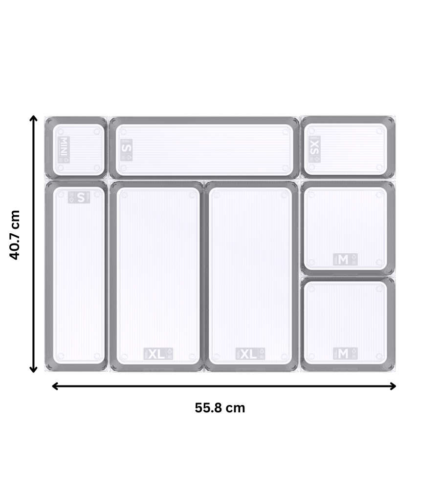 De BNB x VCN lade-organizer - set DOORZICHTIG - HOOG (8-delig) bestaat uit acht doorzichtige, rechthoekige opbergbakjes die zijn voorzien van labels om de lades gemakkelijk op maat te ordenen, en die zijn gerangschikt in een raster van 40,7 cm hoog en 55,8 cm breed.