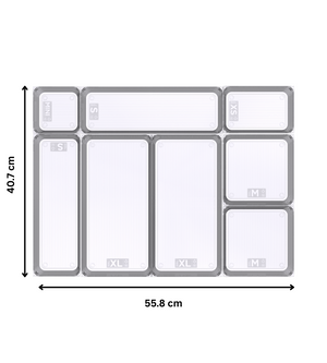De BNB x VCN lade-organizer - set DOORZICHTIG - HOOG (8-delig) bestaat uit acht doorzichtige, rechthoekige opbergbakjes die zijn voorzien van labels om de lades gemakkelijk op maat te ordenen, en die zijn gerangschikt in een raster van 40,7 cm hoog en 55,8 cm breed.