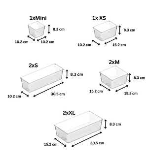 Afbeelding van acht doorzichtige opbergbakjes in verschillende maten uit de BNB x VCN-lade-organizer - set KLAR - HOCH (8-delig), met hoogtes van 8,3/10,2 cm, breedtes van 10,2/15,2 cm en lengtes van 15,2/30,5 cm voor een perfect geordende lade.