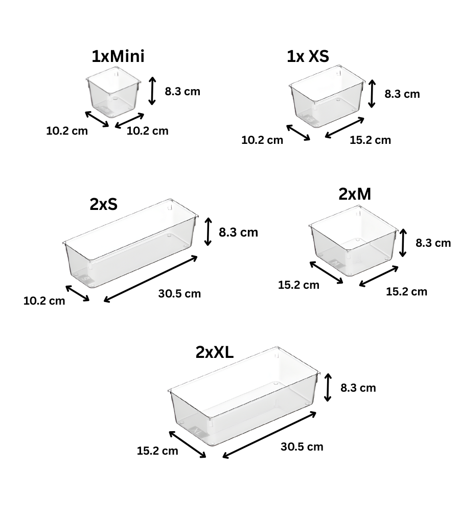 Afbeelding van acht doorzichtige opbergbakjes in verschillende maten uit de BNB x VCN-lade-organizer - set KLAR - HOCH (8-delig), met hoogtes van 8,3/10,2 cm, breedtes van 10,2/15,2 cm en lengtes van 15,2/30,5 cm voor een perfect geordende lade.