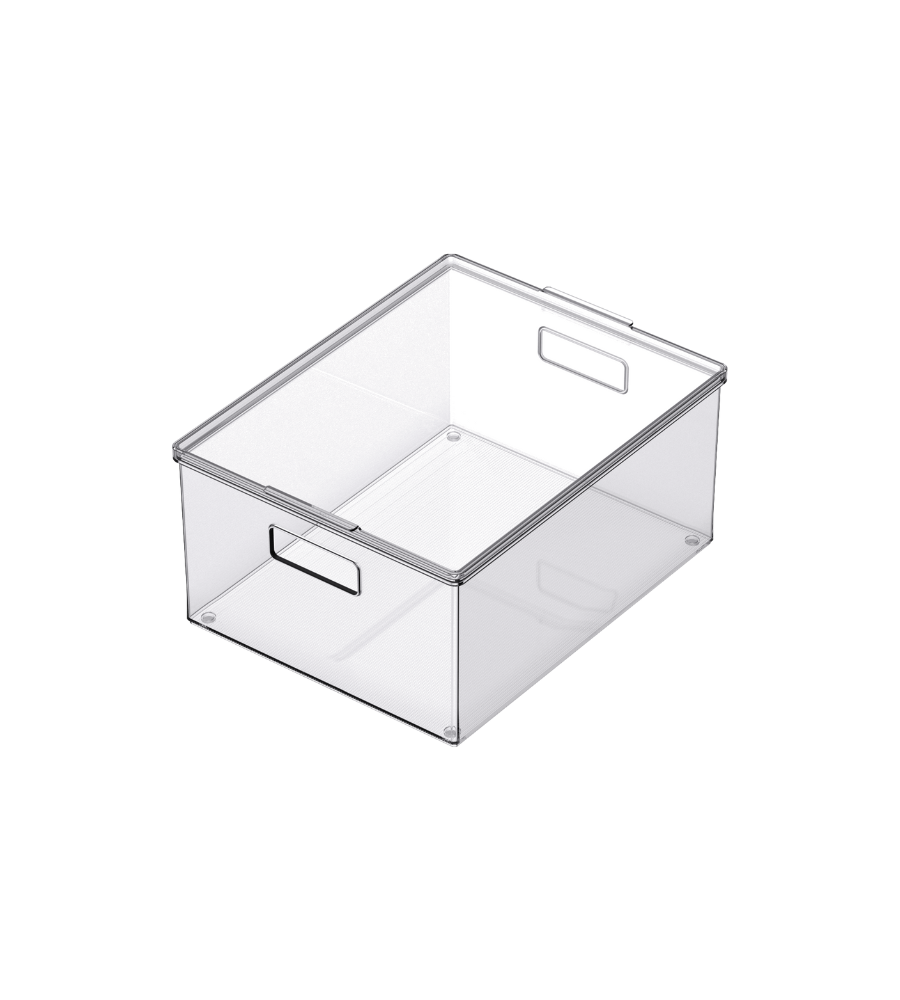 De BNB x VCN opbergbak met deksel, transparant – diverse maten, extra lang is een doorzichtige, extra lange bak met handgrepen aan de zijkant, die leeg op een witte achtergrond wordt afgebeeld. Hij is ideaal om spullen in op te bergen en kan met andere bakken worden gestapeld.