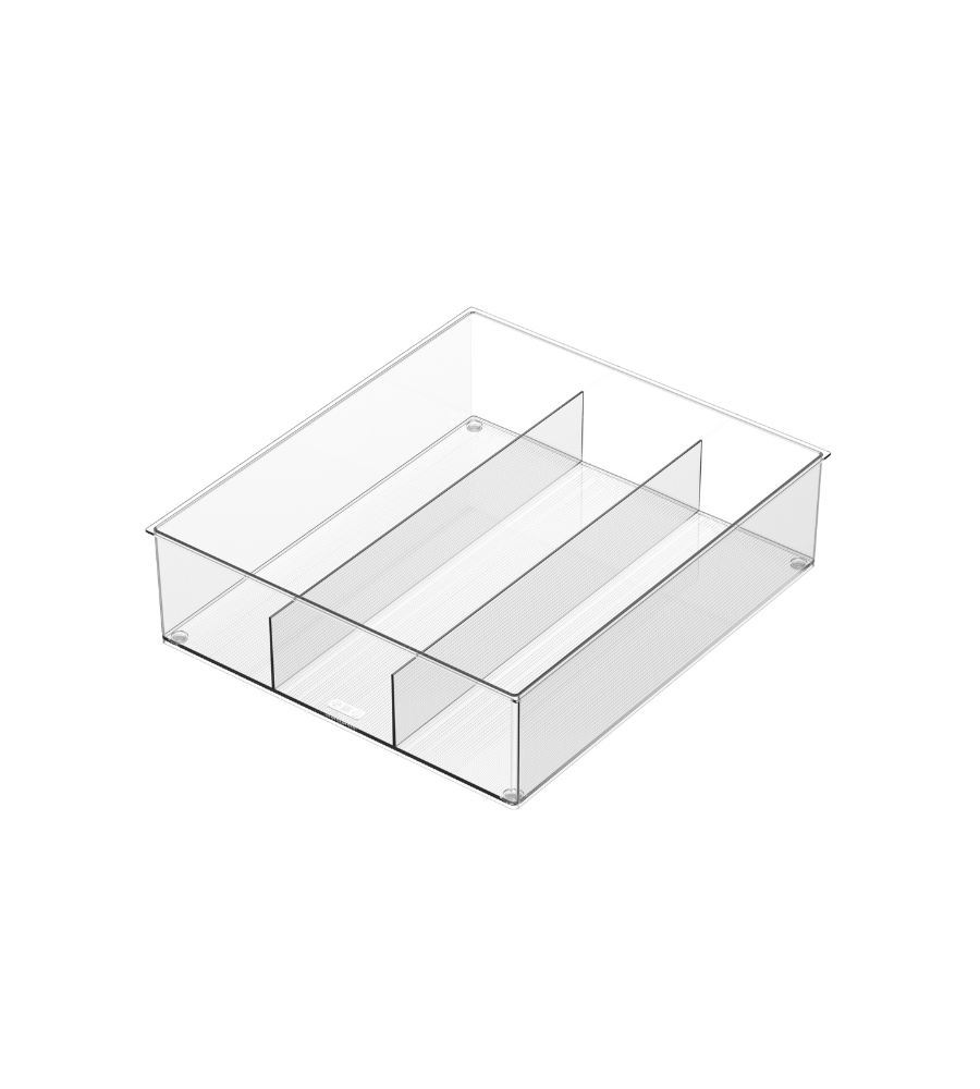 De BNB x VCN lade-organizer DOORZICHTIG met 3 vakken (38x33,3x10 cm) is een doorzichtig acrylbakje met drie scheidingswanden die vier vakken vormen – ideaal voor diepe lades en afgebeeld op een eenvoudige witte achtergrond.