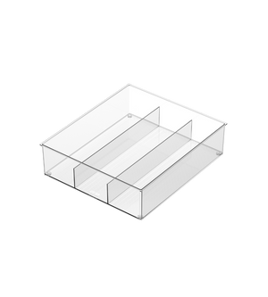 De BNB x VCN lade-organizer DOORZICHTIG met 3 vakken (38x33,3x10 cm) is een doorzichtig acrylbakje met drie scheidingswanden die vier vakken vormen – ideaal voor diepe lades en afgebeeld op een eenvoudige witte achtergrond.