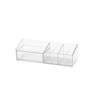 De BNB x VCN Multi-Organizer KLAR (30,6 x 9 x 9 cm) valt op door zijn transparante ontwerp met een uitschuifbare lade aan de linkerkant en verschillende open vakken aan de rechterkant, die tegen een strakke witte achtergrond zijn afgebeeld.