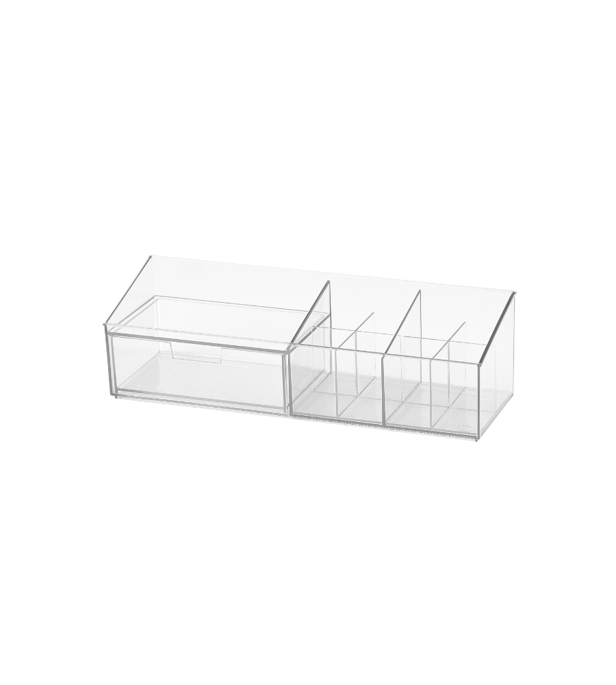 De BNB x VCN Multi-Organizer KLAR (30,6 x 9 x 9 cm) valt op door zijn transparante ontwerp met een uitschuifbare lade aan de linkerkant en verschillende open vakken aan de rechterkant, die tegen een strakke witte achtergrond zijn afgebeeld.