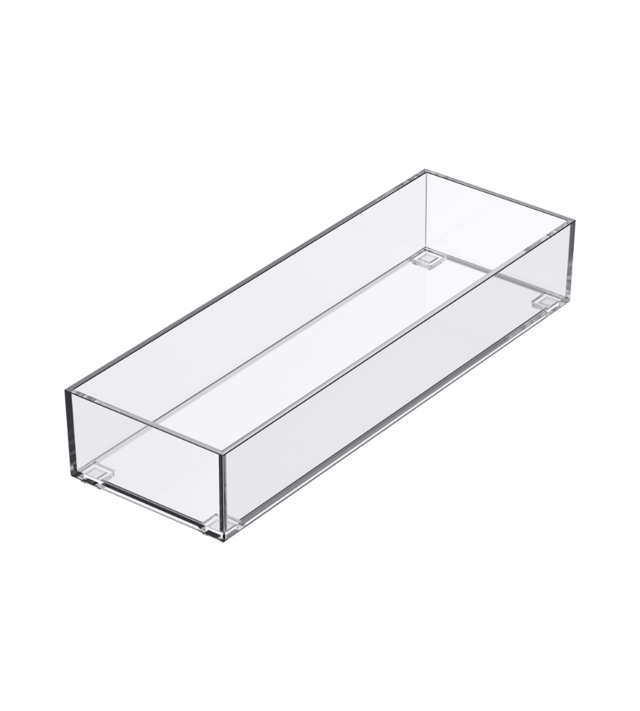 De SLIDE-lade-organizer TRANSPARANT van BNB x VCN is een doorzichtige, rechthoekige acrylbox zonder deksel – ideaal als stapelbare lade-organizer. Afgebeeld op een witte achtergrond.