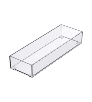 De SLIDE-lade-organizer TRANSPARANT van BNB x VCN is een doorzichtige, rechthoekige acrylbox zonder deksel – ideaal als stapelbare lade-organizer. Afgebeeld op een witte achtergrond.