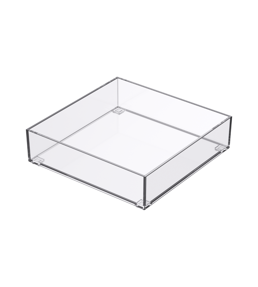 De SLIDE-lade-organizer KLAR van BNB x VCN is een doorzichtige, vierkante acrylbox met rechte randen en een open bovenkant, ideaal voor het ordenen van gestapelde lades. Hier afgebeeld in transparant op een witte achtergrond.