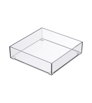 De SLIDE-lade-organizer KLAR van BNB x VCN is een doorzichtige, vierkante acrylbox met rechte randen en een open bovenkant, ideaal voor het ordenen van gestapelde lades. Hier afgebeeld in transparant op een witte achtergrond.