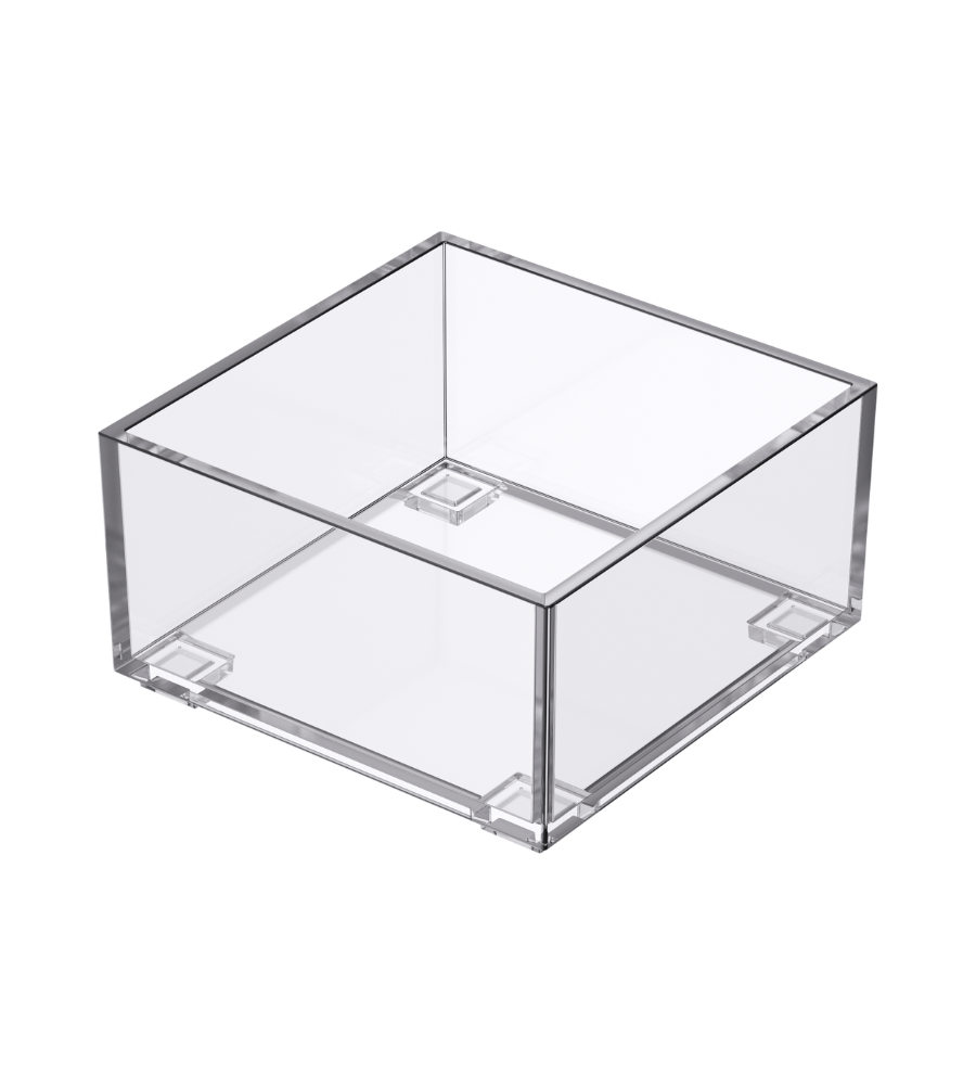 De SLIDE-lade-organizer KLAR van BNB x VCN is een heldere, vierkante acrylbox met doorzichtige zijkanten – perfect als stapelbare lade-organizer, hier op een witte achtergrond.