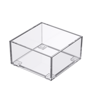 De SLIDE-lade-organizer KLAR van BNB x VCN is een heldere, vierkante acrylbox met doorzichtige zijkanten – perfect als stapelbare lade-organizer, hier op een witte achtergrond.