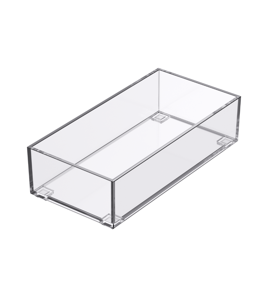 De SLIDE-lade-organizer KLAR van BNB x VCN is een doorzichtige, rechthoekige opbergdoos van acryl zonder deksel, ideaal om in lades te stapelen. Afgebeeld op een effen witte achtergrond.