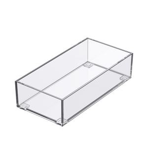 De SLIDE-lade-organizer KLAR van BNB x VCN is een doorzichtige, rechthoekige opbergdoos van acryl zonder deksel, ideaal om in lades te stapelen. Afgebeeld op een effen witte achtergrond.