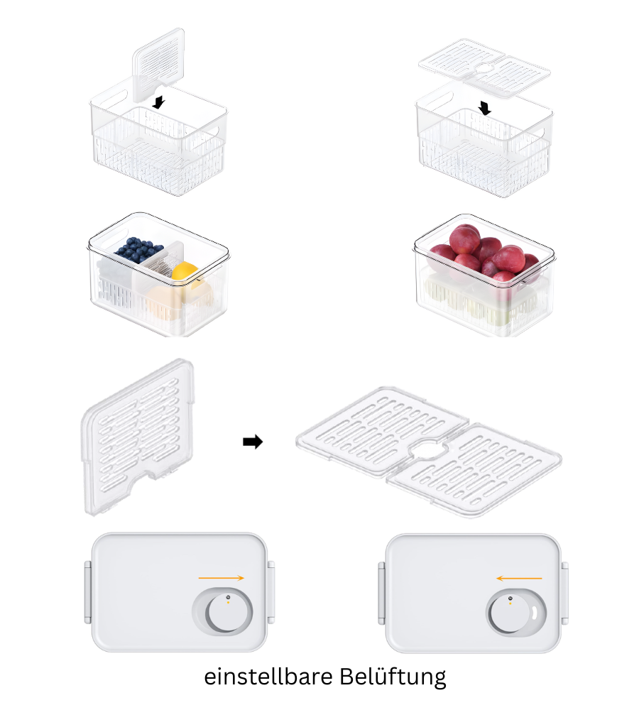 De DATEMATE vershouddoos KLAR Wit van BNB x VCN met houdbaarheids-timer heeft een stapelbaar ontwerp, verstelbare ventilatie (Duits opschrift: instelbare ventilatie) en houdt fruit langer vers dankzij de schuifregelaar in het deksel.