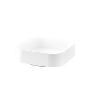 De YAMAZAKI TOWER draaiplateau Lazy Susan in wit (20x20x6,3 cm) valt op door zijn minimalistische, vierkante keramische ontwerp met afgeronde hoeken, ideaal voor het bewaren van voorraad, afgebeeld op een eenvoudige lichtgrijze achtergrond.