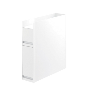Een modern, minimalistisch TOWER-kruidenrek met twee verdiepingen in wit van YAMAZAKI, met strakke lijnen en twee niveaus, gepresenteerd tegen een eenvoudige witte achtergrond.