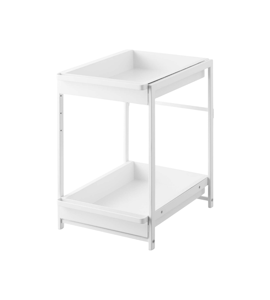 De YAMAZAKI TOWER ladekast met twee lagen in wit valt op door zijn minimalistische, compacte ontwerp met twee niveaus, hoge zijkanten en een open onderplank – ideaal voor kleine ruimtes en functionele opbergruimte.